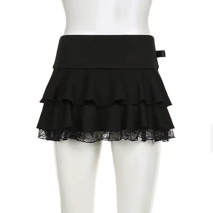 Mini-jupe noire à volants avec bordure en dentelle et nœud en ruban, micro-jupe trapèze pour femme, 
