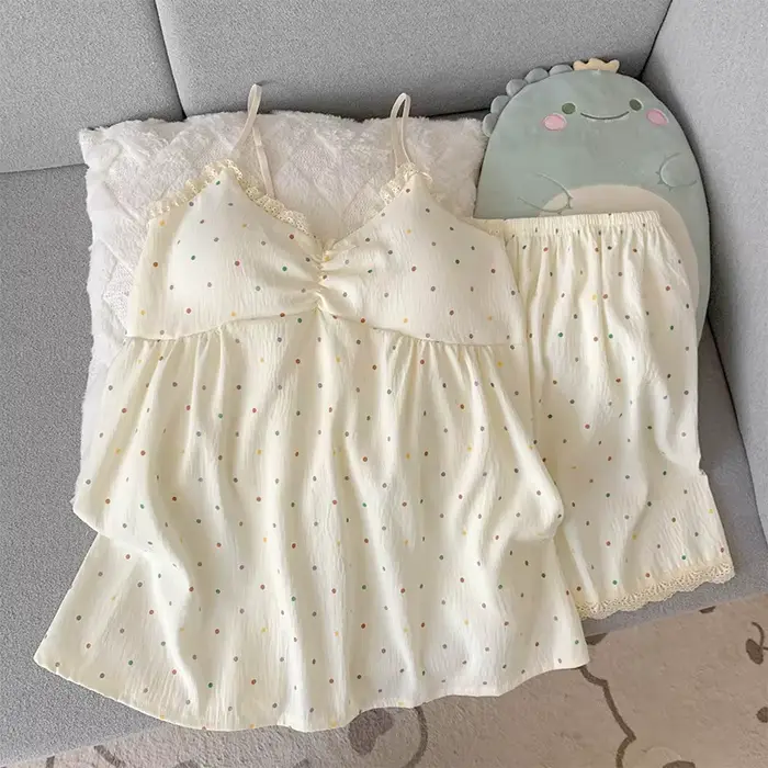 Dámsky pyžamový set, farebná polka dot kamizola s hrudnými vankúšikmi, dvojdielne oblečenie na spanie, čipka V-neck, bez rukávov, mäkké a pohodlné pyžamo