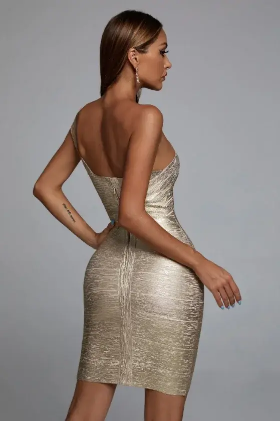 Haute qualité célébrité une épaule Foiling or imprimé rayonne robe de pansement élégant Club robe de