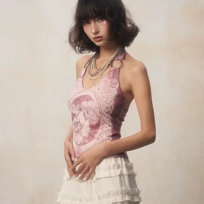 Karrcat-Camisole à imprimé fleuri rétro des années 2000, haut violet précieux, licou japonais Y2k, e
