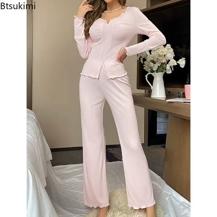 Sexy pyžamový set pre ženy, V-neck, skladaný, s dlhými rukávmi, top a high-end nohavice, ležérne oblečenie, 2 kusy, jar-pád