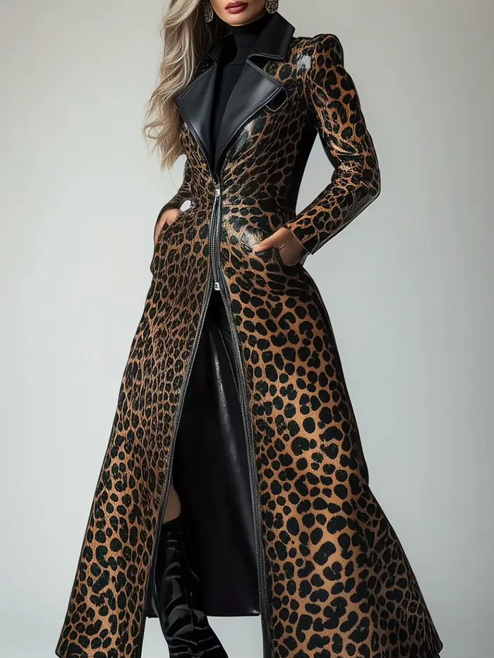 Ženský polyesterový trenčkot s leopardím vzorom pre ženy, ležérny a elegantný pre každú príležitosť