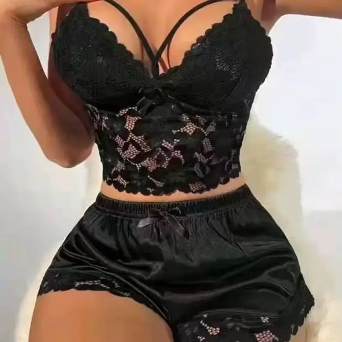 2 kusy / set dámske pyžamo, Valentínske spanie, prelamované čipky, V-neck, bez chrbta, bez rukávov krátky top, vysoký pás saténové šortky