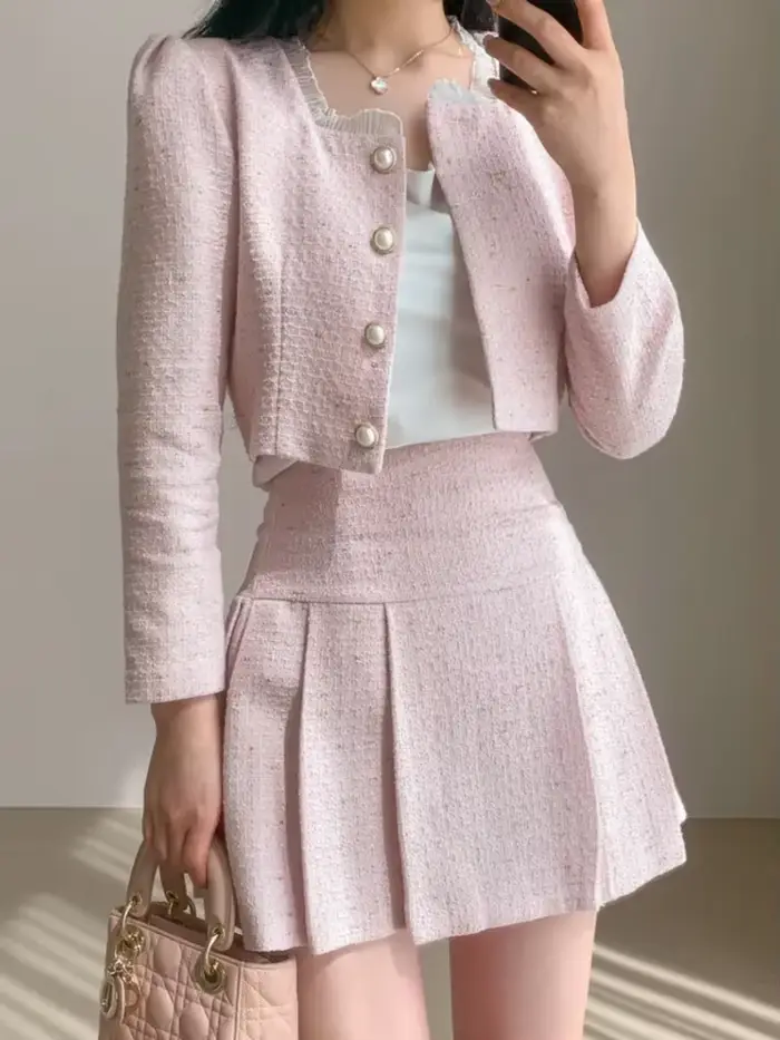 Ensemble deux pièces parfumé pour femme, veste courte, manteau et jupe, châssis, petite tenue, haute