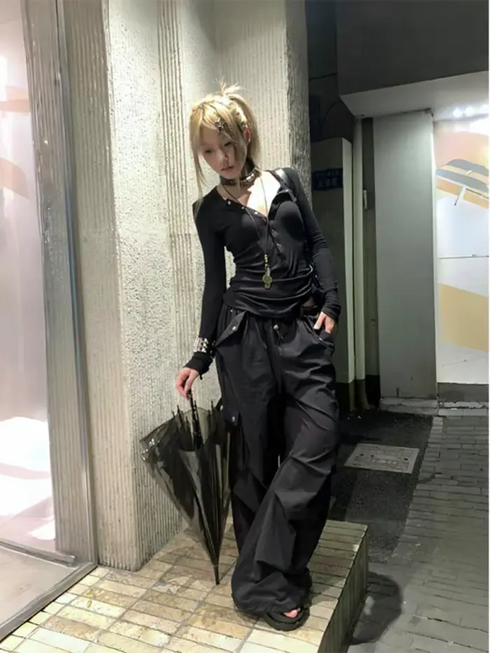 Tonngirls Y2K japonské tričko pre ženy s čipkovanými dlhými rukávmi s grafickou potlačou