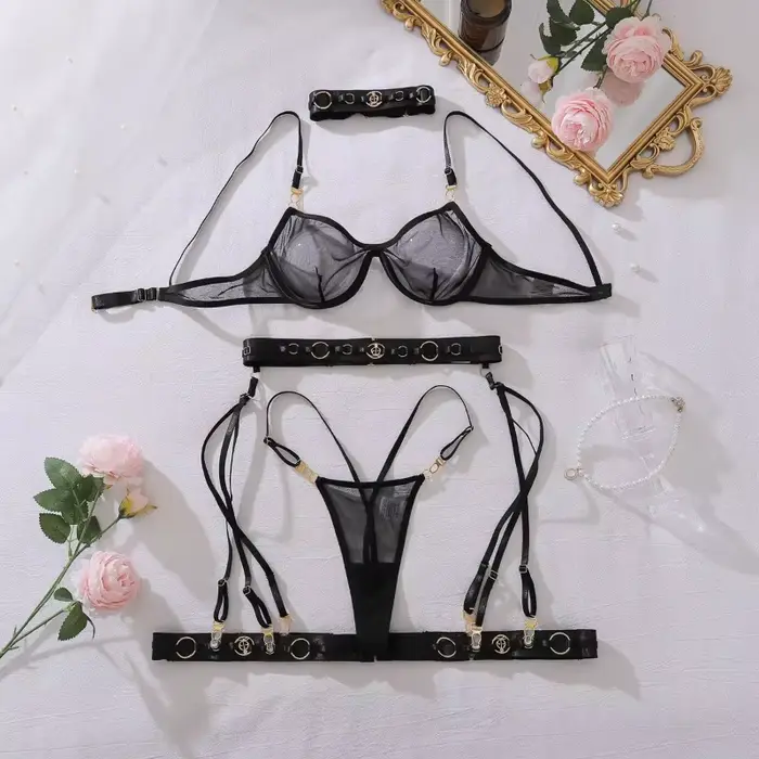 Ensembles de lingerie exquis pour femmes, décorations métalliques, soutien-gorge transparent, ensemble 6 pièces, lingerie de club sexy, sous-vêtements pour filles cool