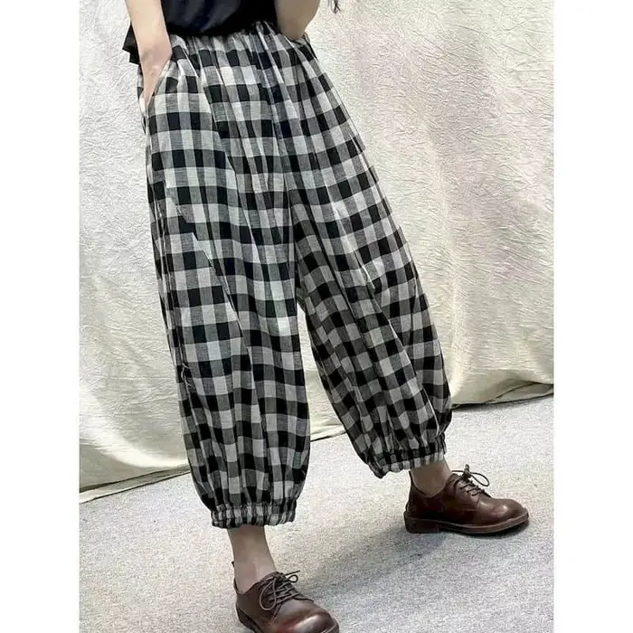 Pantalon à carreaux en lin de coton pour femmes, taille élastique, vêtements vintage décontractés, s