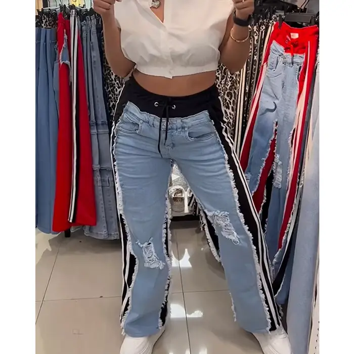 Dámske dlhé džínsy s vysokým opasok a uzly na členky štýl streetwear pre všetky ročné obdobia špeciálne príležitosti