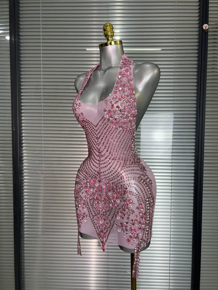 Célébrité nouvelles femmes Sexy rose maille licou scène Performance Costume danseuse chanteur boîte 