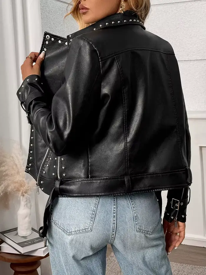 Ailegogo jarná jeseň dámske Streetwear Nity zips opasok Umelá koža bunda Vintage žena Moto Biker