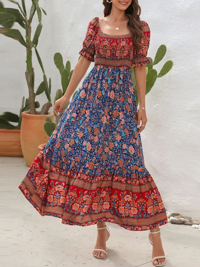 Robe longue plissée à imprimé Floral, style Boho, tenue de plage, manches courtes, col carré, à vola