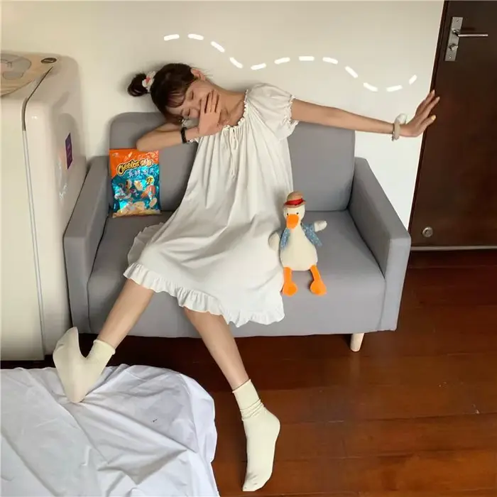 Ročník biela krátky rukáv nočná košeľa pre ženy, princezná Lolita nočná košeľa, letné volániky, uzlík, monochromatický, mäkké Kawaii