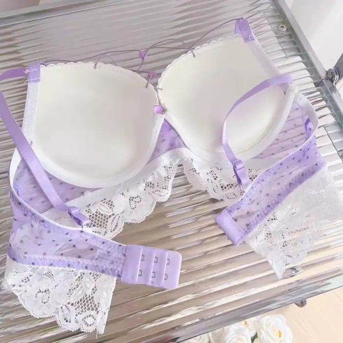 Čipka polka dot podprsenka a nohavičky set, s v tvare srdca uzly, sexy spodná bielizeň, push-up podprsenka pre ženu a dievča
