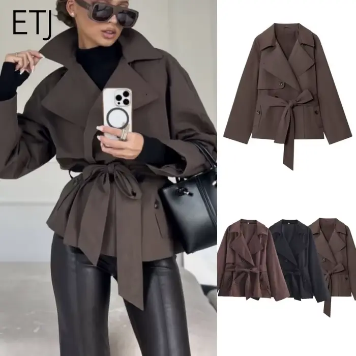 ETJ automne 2025 nouvelle collection femmes style britannique revers double boutonnage maillard coul