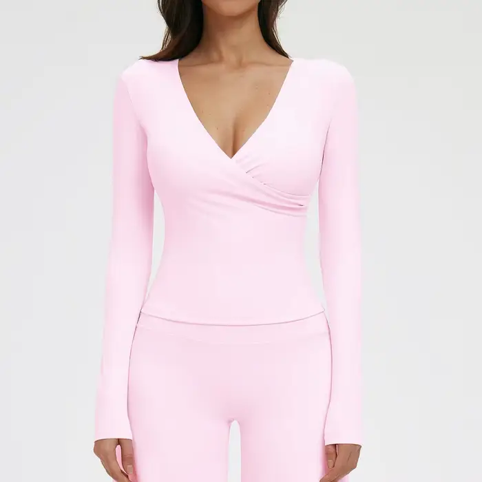 T-Shirt de Sport à manches longues pour femmes, col en v profond, Yoga, Sexy, rembourré sur la poitr