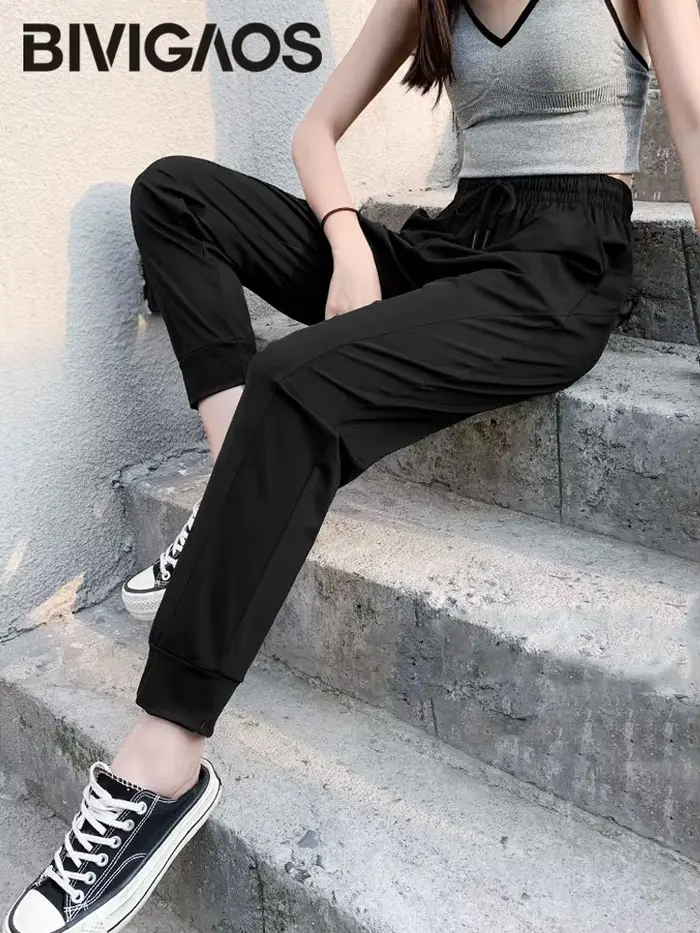 BIVIIncome-Pantalon de survêtement noir décontracté Ice InjSports pour femme, pantalon de jogging, s