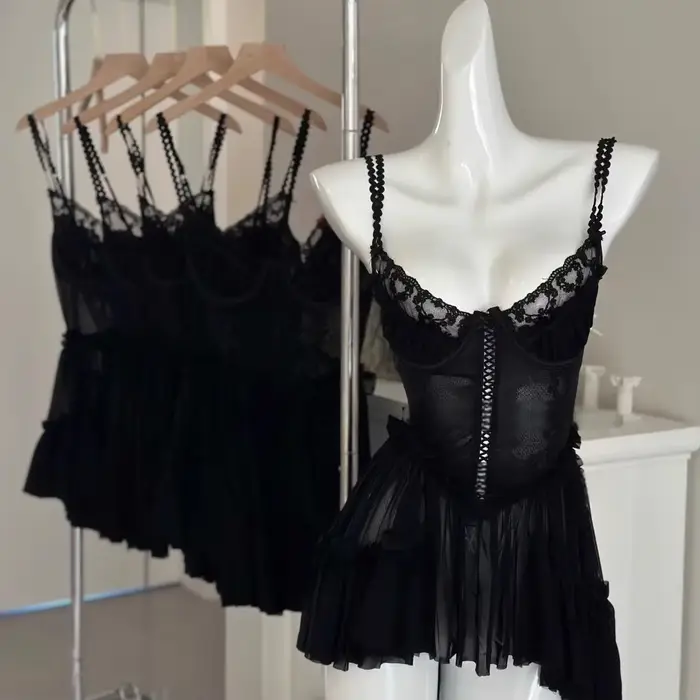 Pure Desire – Čipka nočná košeľa s kruhovými niťovými popruhmi, mini sukňa, priedušné a pohodlné nočné oblečenie pre domácnosť, rozprávkový štýl