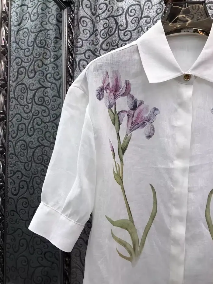 Chemisier 100% Lin pour Femme, Style Printemps-Été 2026, Col Rabattu, Imprimé Floral Violet, Manches