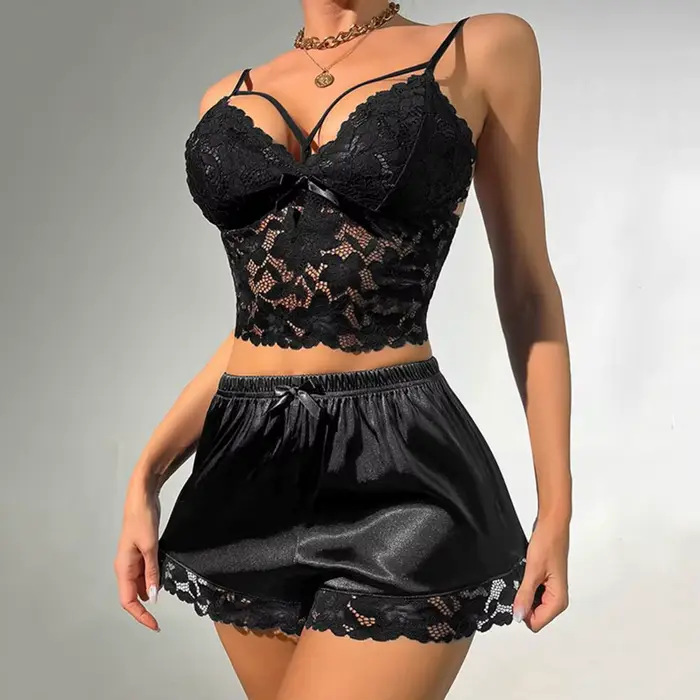 2 kusy / set dámske pyžamo, Valentínske spanie, prelamované čipky, V-neck, bez chrbta, bez rukávov krátky top, vysoký pás saténové šortky