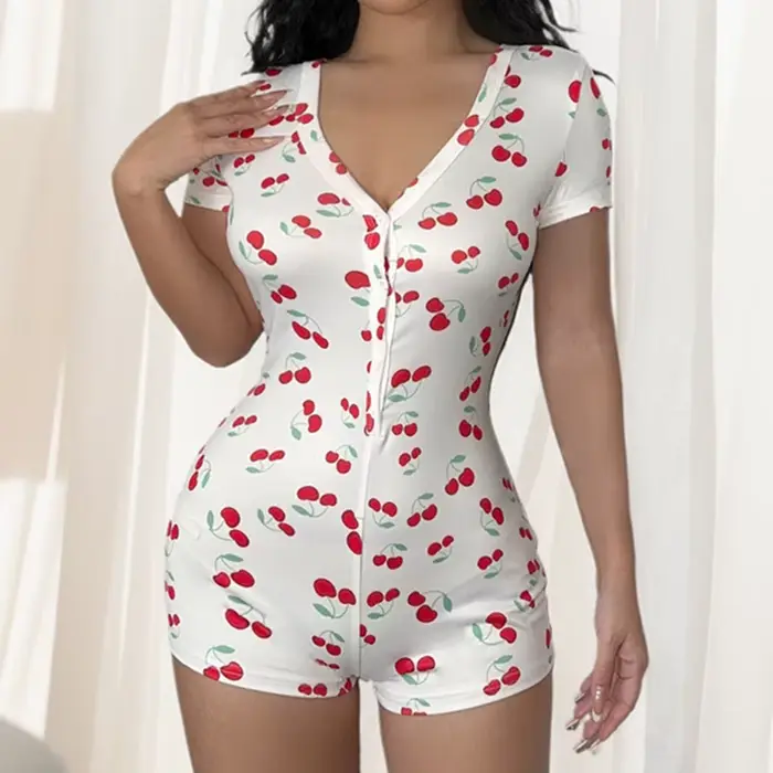 Onesies dámske pyžamo tlačidlo predné tlače cherry v-neck krátke rukávy romper kombinéza nočná košeľa nočné oblečenie