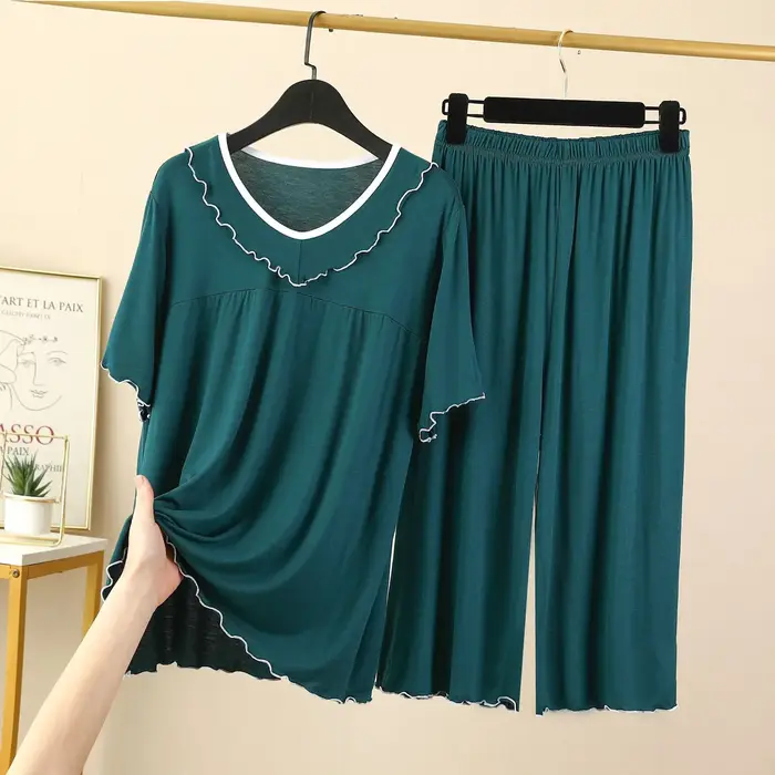 Ensemble de pyjama à col en V pour femme, manches courtes, capri, pantalon imbibé, vêtements de nuit