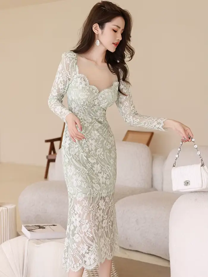 Robe maxi en dentelle transparente pour femme, robe de soirée, robe de vacances, dentelle transparen