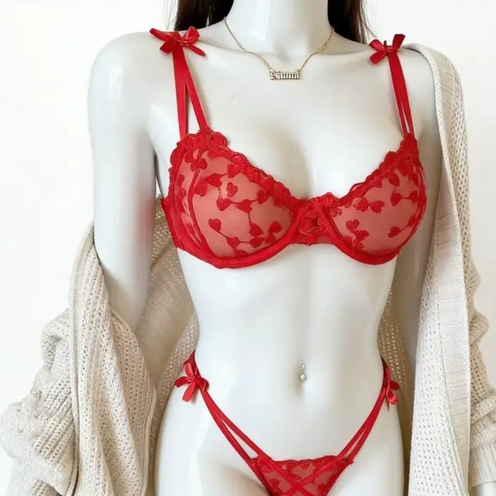 Dámske srdce vyšívané čipky Bra Set, 2 kusy, priehľadná podprsenka, nohavičky, spodná bielizeň, sexy dámske spodné prádlo, 2023