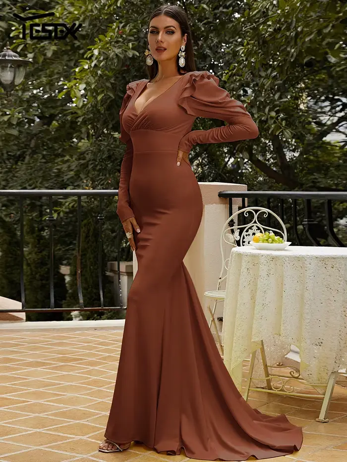 Yesexy-Robe de Rhsirène marron pour femme, manches longues bouffantes, tendance estivale, 2023