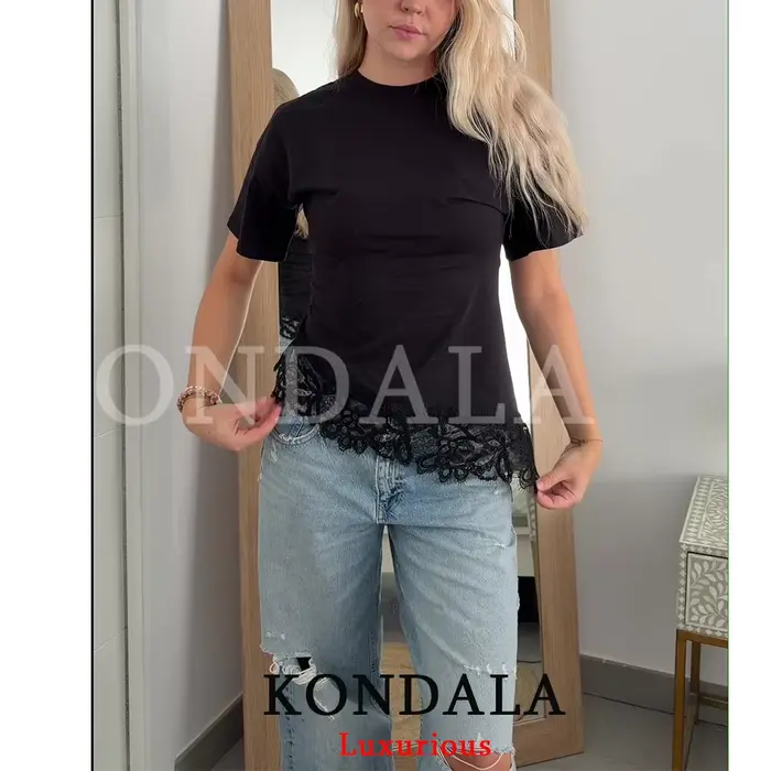 KONDALA Streetwear Chic Ležérny Dámsky Asymetrický Top s Krajkou s Krátkym Rukávom a Okrúhlym Výstrihom Módny Leto Jar