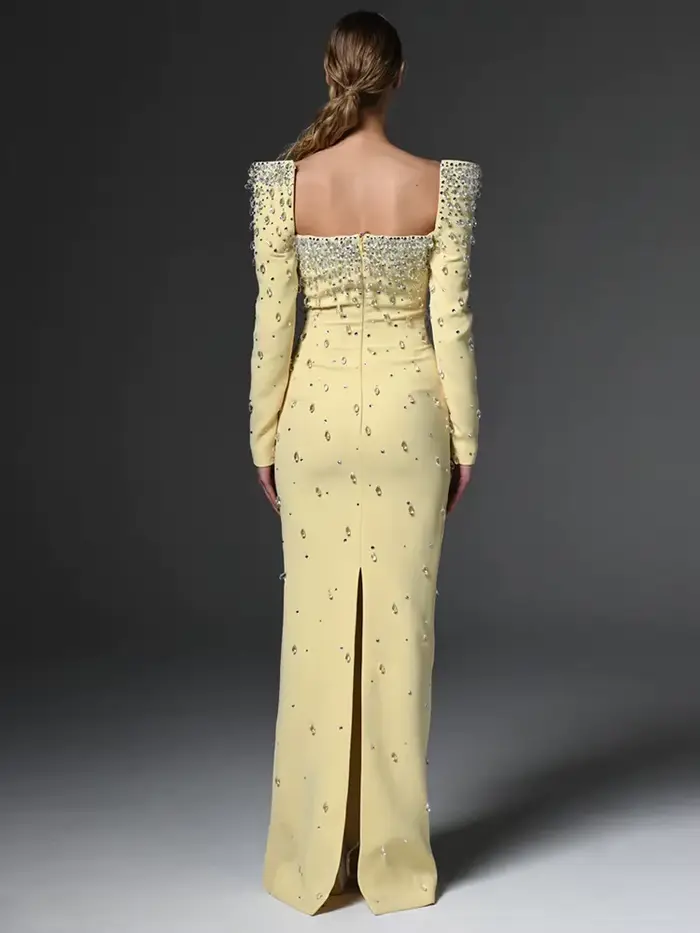 Robe longue maxi pour femme, col carré, perles et diamants, manches longues, nouvelle mode 2026, hau