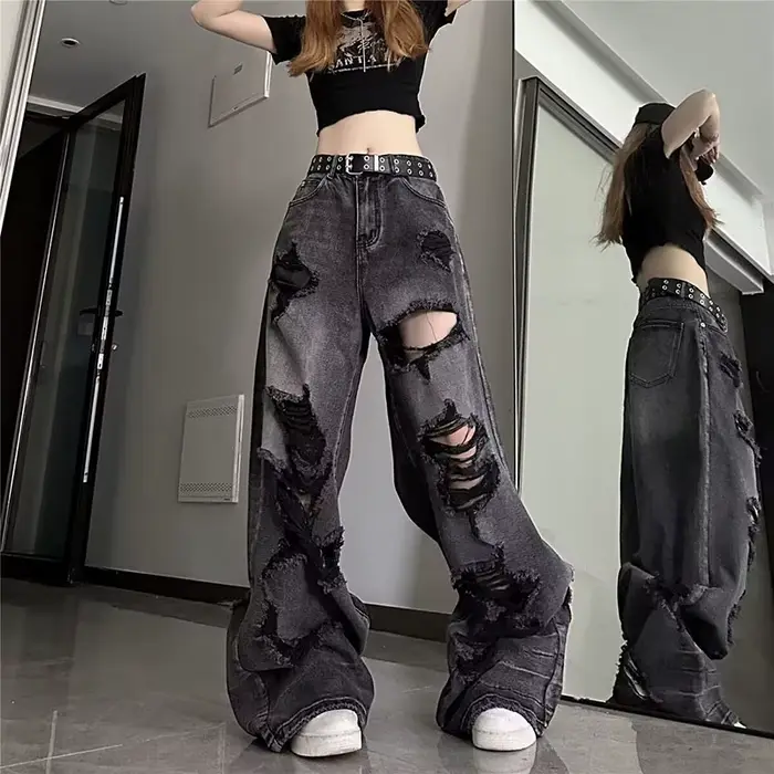 Jeans baggy vintage noir déchirés pour femmes style Y2K occasionnellement décontracté et élégant