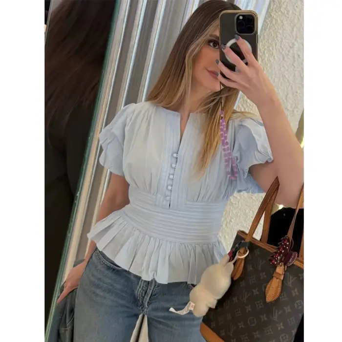 Chemisier en polyester Mujer à manches bouffantes avec volants pour femmes de style chic des prairies occasions estivales et spéciales