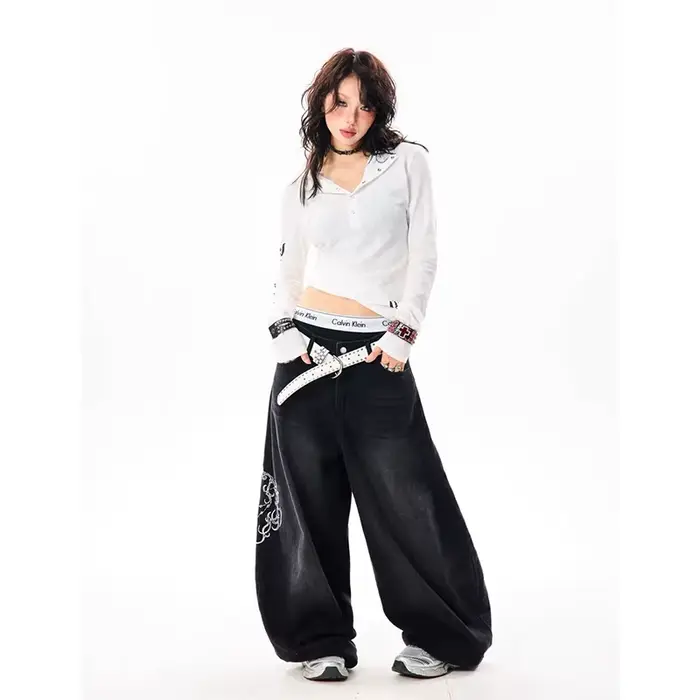 YIBASHU Dámske Vintage vyšívané Y2K Baggy džínsy s vysokým pásom 2000s široké nohavice Denim
