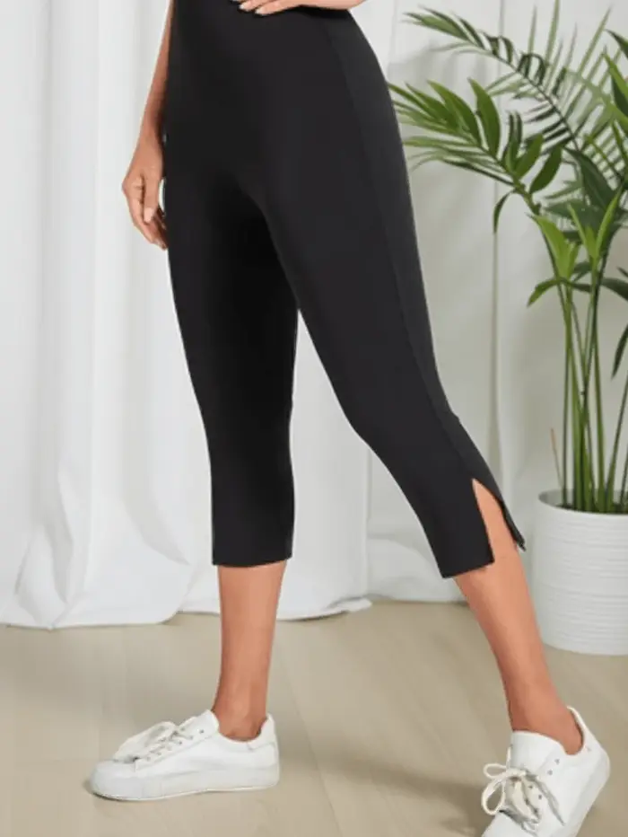 Pantalon noir taille haute fendu pour femmes, mode sept-huitième
