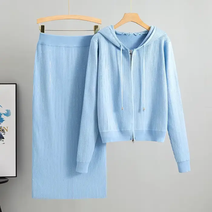 Cardigan tricoté pour femmes, taille haute, jupe enveloppée dans les fesses, costumes 2 pièces, ense