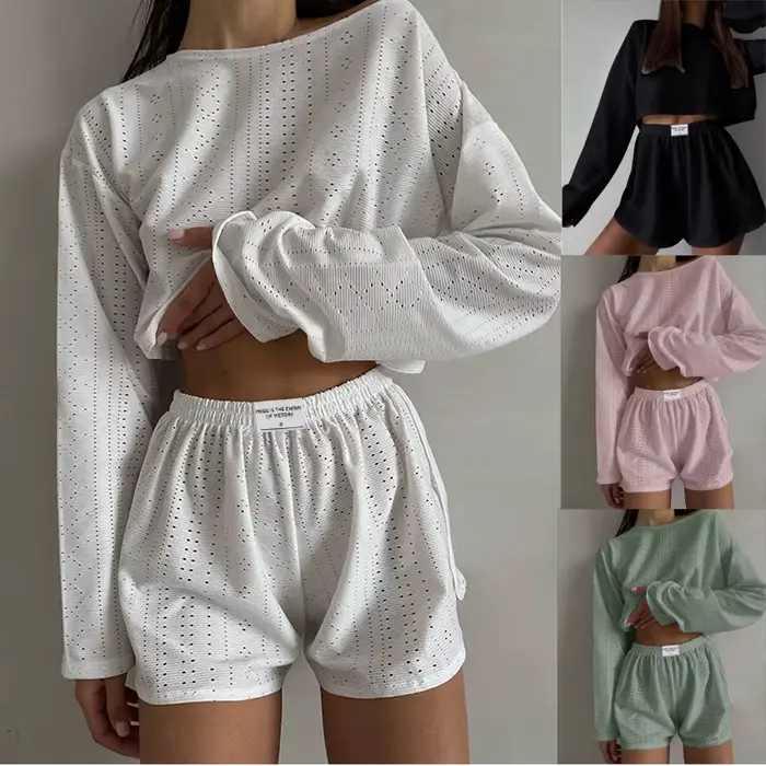 Dámske pyžamový set, Sleepwear, dlhý rukáv topy s šortky, domáce oblečenie, 2-dielna sada, relaxačné oblečenie, jar