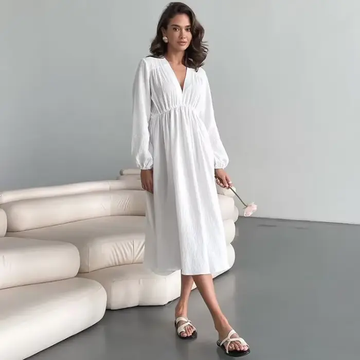 Robes élégantes en mousseline de coton pour femmes, manches longues, col en V, décontracté, fête, va