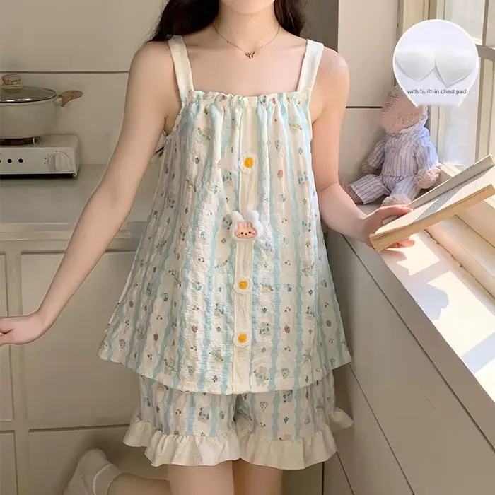 Dámske pyžamo Kawaii, kvetinová a pruhovaná potlač, nočné oblečenie, košieľka a šortky, s integrovanými letnými vankúšikmi