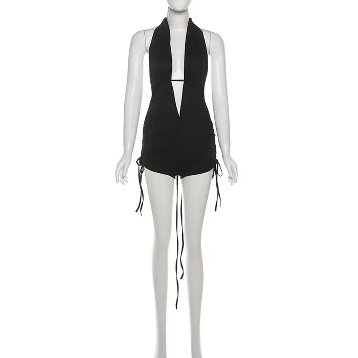 SylCue Sexy mode body femme licou col ouvert décolleté sans manches froncé maigre Stretch haute rue Style plis hauts