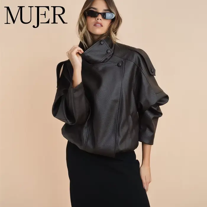 MUJER Umelá koža Bomber bunda pre ženy módna vetrovka teplá zimná dámska