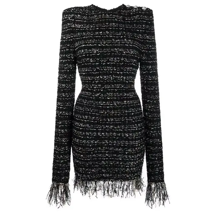 S-XL vysoko kvalitný módny nový pruhovaný elastický tvídový materiál okrúhly výstrih dlhé rukávy strapce čipka tenké šaty ležérne