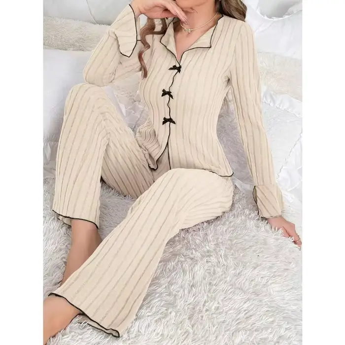 Dámske pyžamové sety 2 kusy ležérne zimné oblečenie na spanie V-neck polyester 95% elastan 5% špeciálne príležitosti