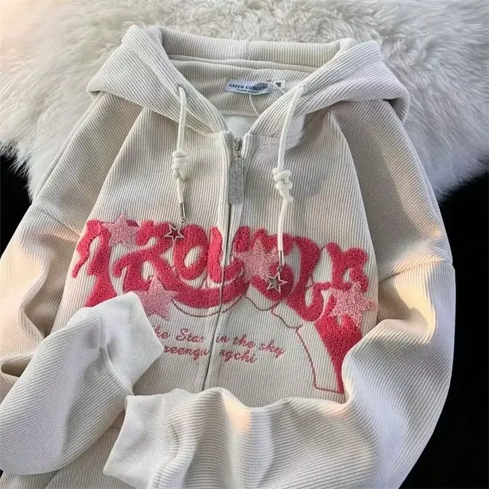 Sweat-shirt à capuche brodé avec fermeture éclair pour femme, haut à manches longues, ample, chemise