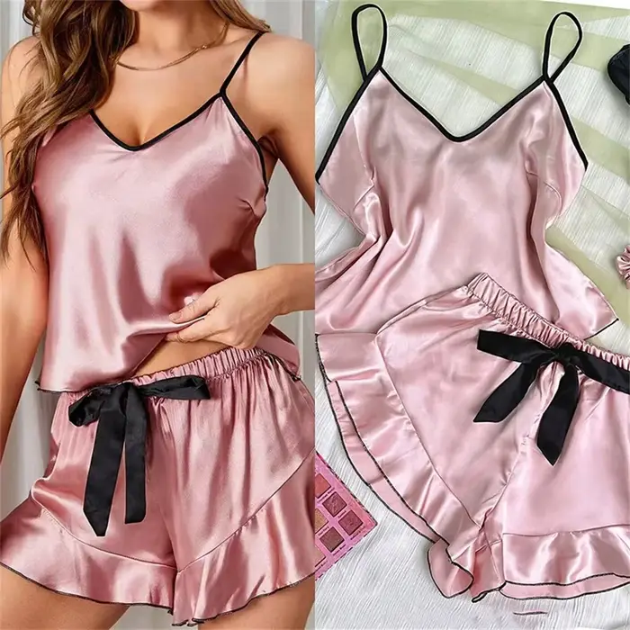 Hladké saténové pyžamo pre ženy, v-neck top, ruffled okraje a uzlíky šortky, pyžamový set Jednoduché a priedušné, domáce oblečenie s popruhmi