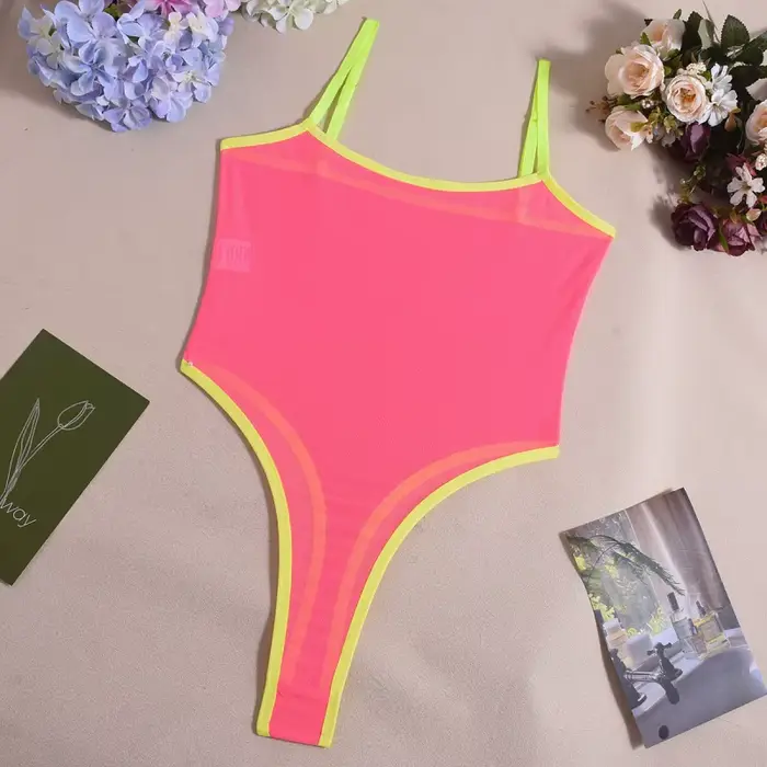 Lingerie sexy pour femme, body en maille transparente rose fluo, amincissant, bretelles spaghetti, l
