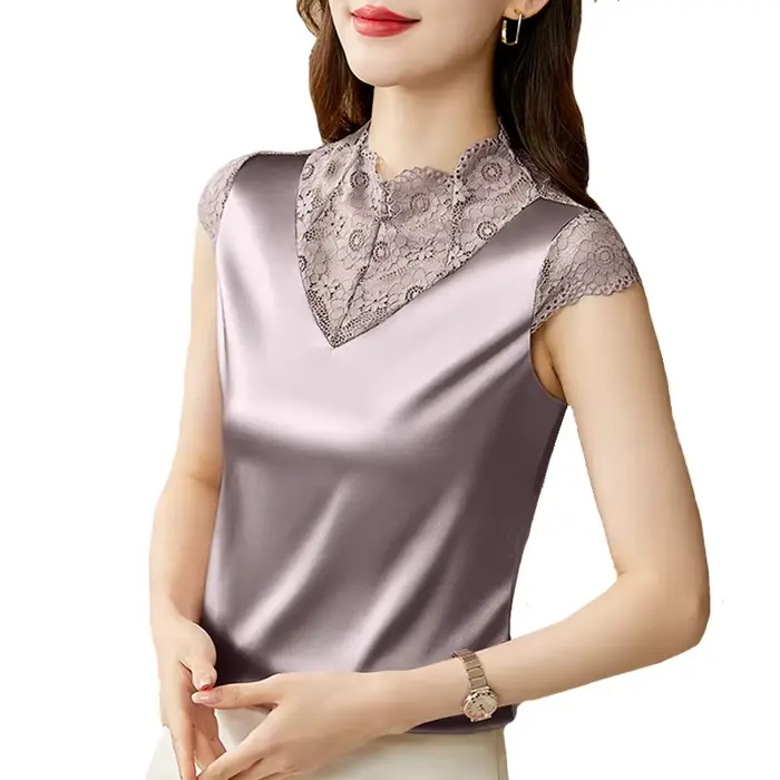 M-4XL Élégant Manches Courtes Dentelle Chemise De Mode Patchwork injSatin précieux Top D'été Casual 