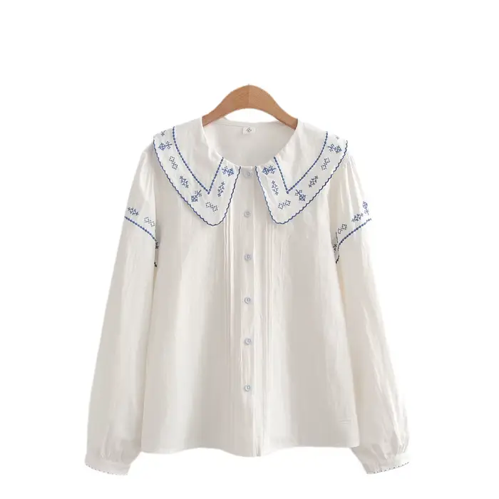 Chemises brodées de fleurs en coton pour femmes, hauts à col à revers, manches longues, chemisiers a