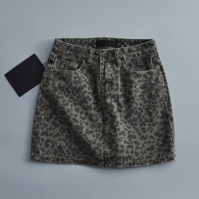 Mini-jupes taille haute pour femmes, jupes léopard à la mode, denim vert vintage, jupe de combat déc