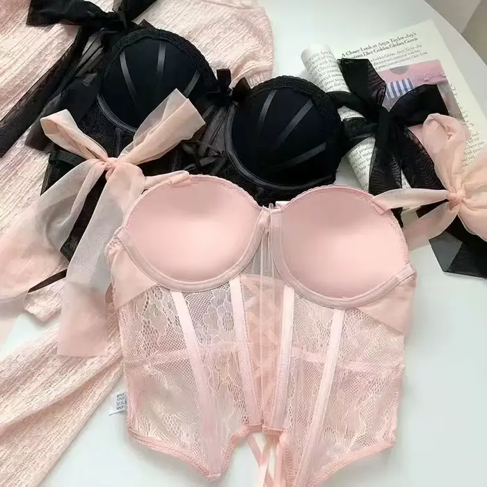 Sladké sexy dámy podprsenka nastaviť Fish Edge pikantné korzet dievča čipka spodná bielizeň popruh vystužený štíhly typ korzet ženy podprsenka Set