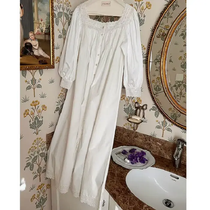 Vintage bavlnené nočné košele s dlhým rukávom pre dámy